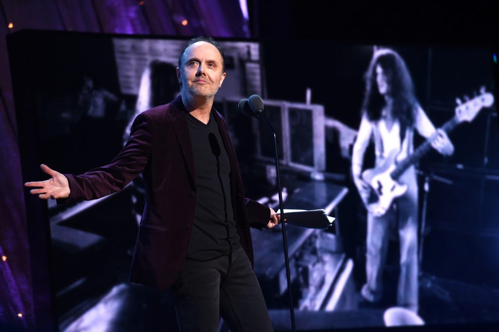 "NEW YORK, NEW YORK - APRIL 08:  Lars Ulrich of Metallica inducts Deep Purple onstage at the 31st Annual Rock And Roll Hall Of Fame Induction Ceremony at Barclays Center of Brooklyn on April 8, 2016 in New York City.  (Photo by Dimitrios Kambouris/WireImage for Rock and Roll Hall of Fame)"