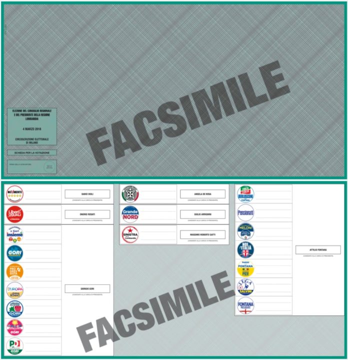 +REGIONALI, FAC SIMILE SCHEDA ELETTORALE PER VOTO IN LOMBARDIA+ - FOTO